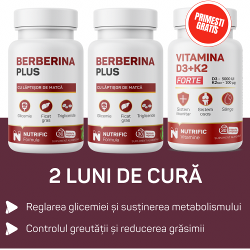 Cura 60 de zile cu 2 flacoane x Berberina Plus 60cps D3 cu K2 Forte GRATIS