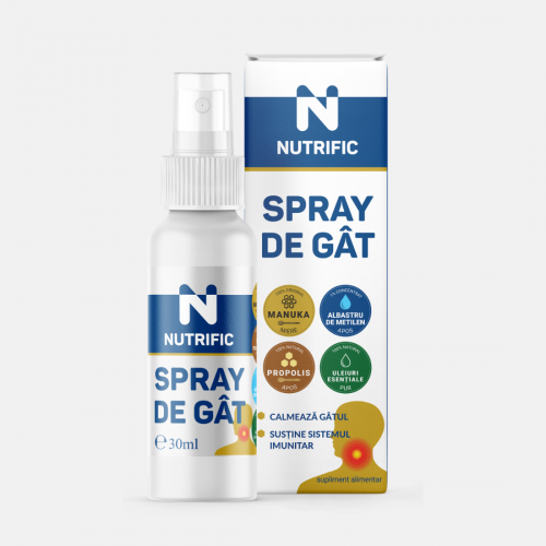 Spray dureri gat cu manuka, propolis, albastru de metilen si uleiuri esentiale, 30ml, nutrific